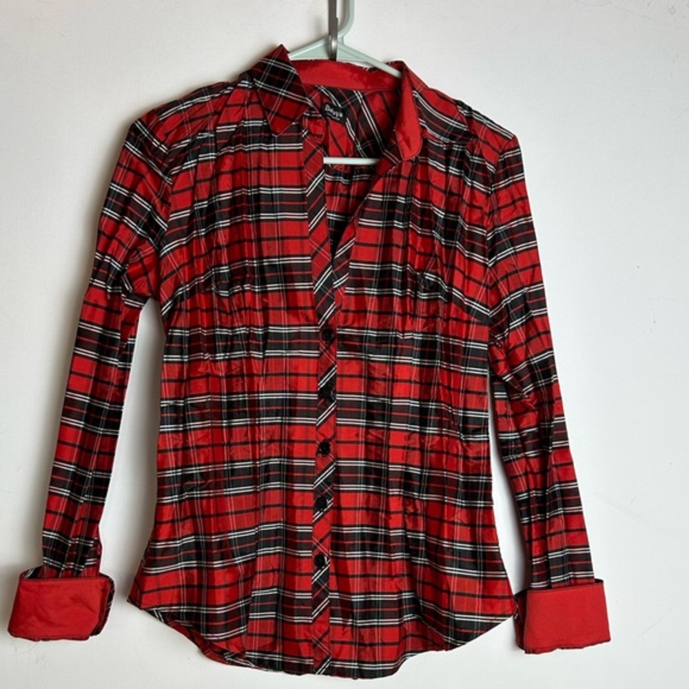 beluva‎ San Francisco Blouse Red Tartan Plaid Crinkle Pleats Art to Wear Large
